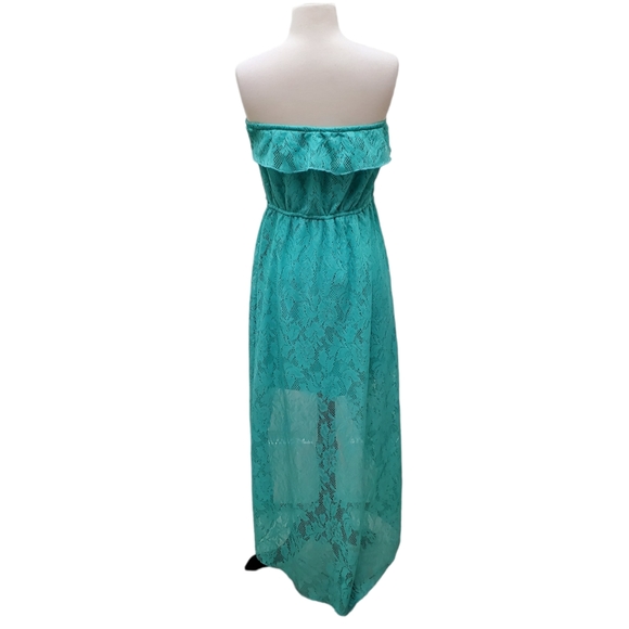 Trixxi Floral Lace Strapless High Low Hem Turquoise Green Dress Sz L - Picture 8 of 14